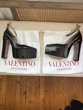 Valentino Garavani Black Patent Platform Slingback Pumps with Ankle Strap